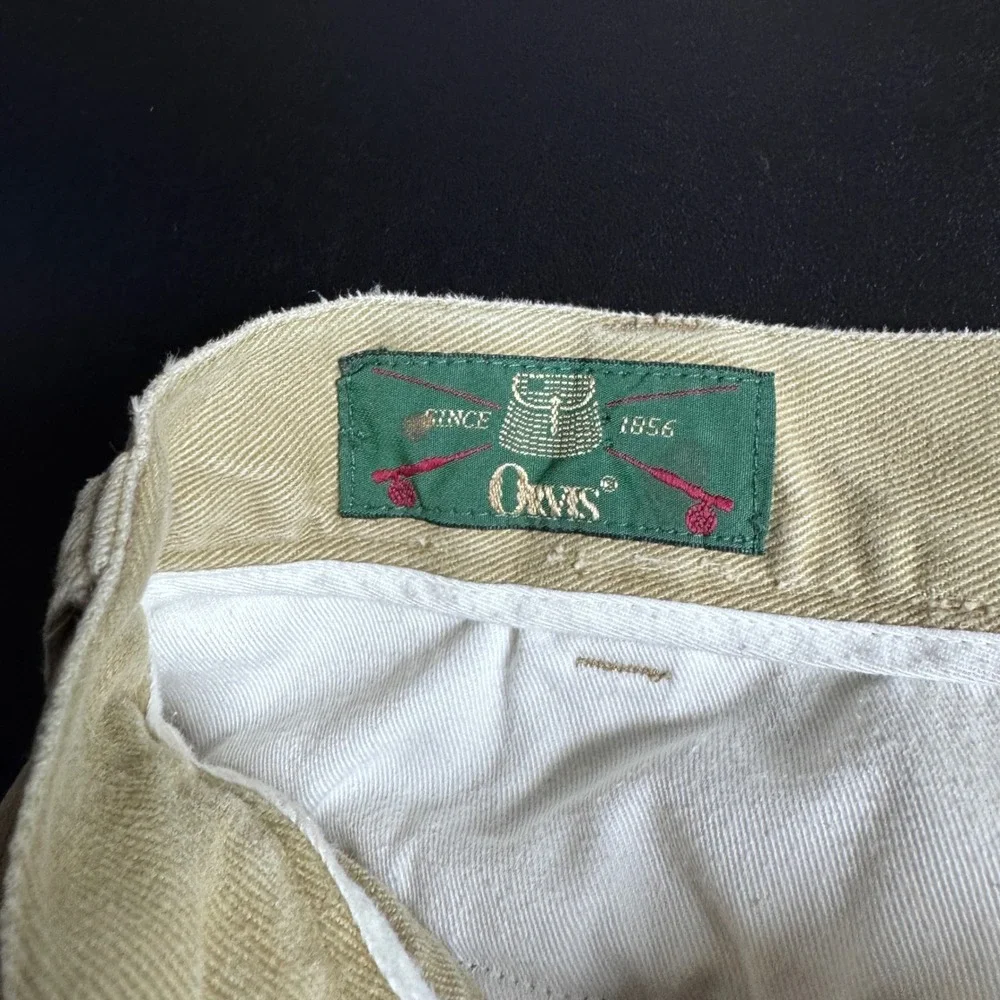 Orvis Trousers Mens 34 Khaki Tan Solid Leather Trim Cotton‎ Twill Cuffed Vintage